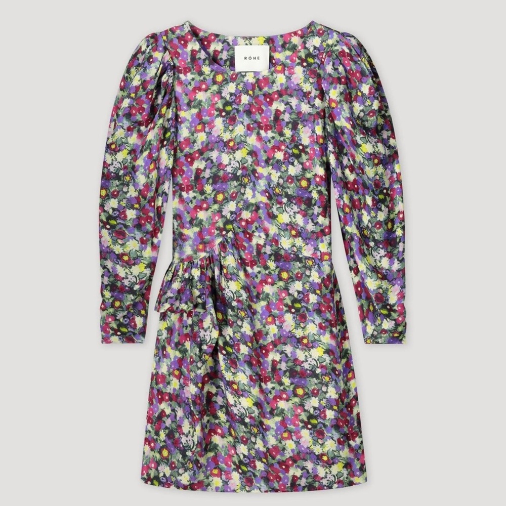 Rohe NWT RARE Nicky Floral Peplum Dress Asymmetrical Ruched Puffed Long Sleeve 4